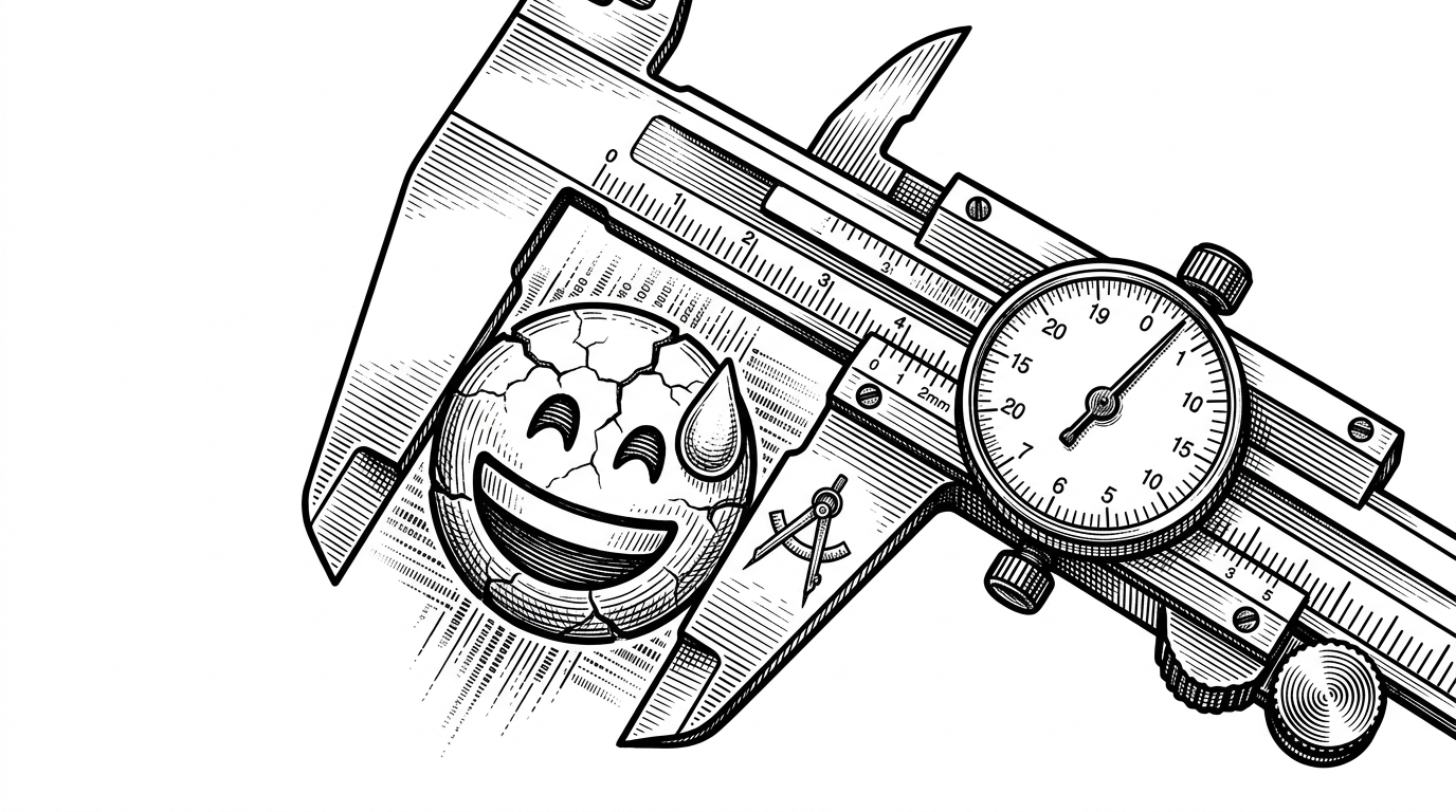 A pair of precise mechanical calipers measuring a single, cracked emoji character.
