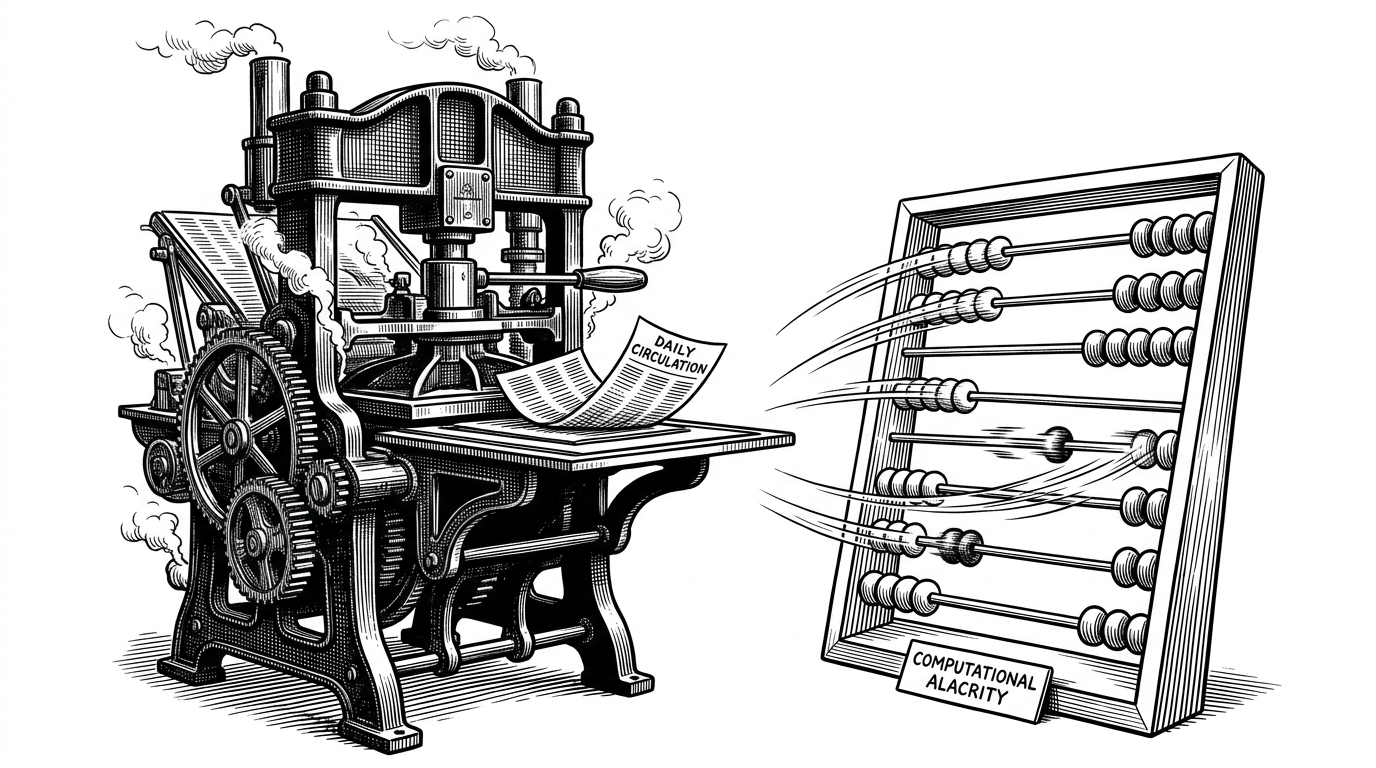 A heavy Victorian printing press grinding gears next to a sleek, fast-moving wooden abacus.