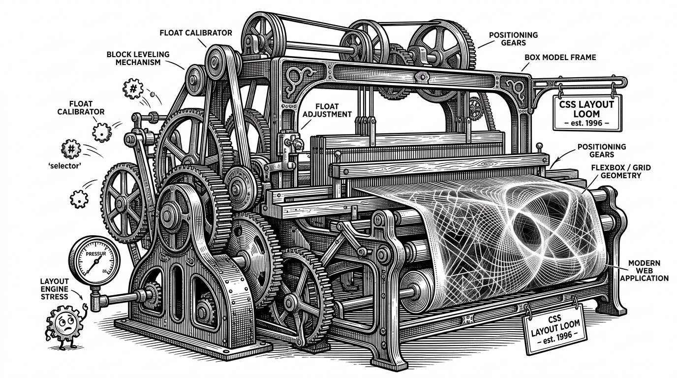A massive mechanical loom weaving a glowing geometric light pattern into a canvas, representing a CSS layout engine rendering complex graphics.