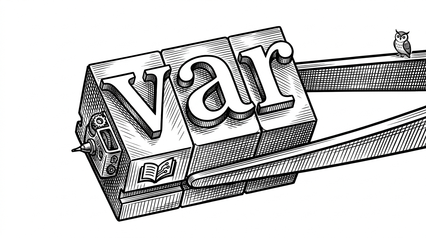 An extreme close-up of a traditional letterpress metal type block held in tweezers, spelling the word 'var' as a single piece with an intricate mechanical ink reservoir built into its side.