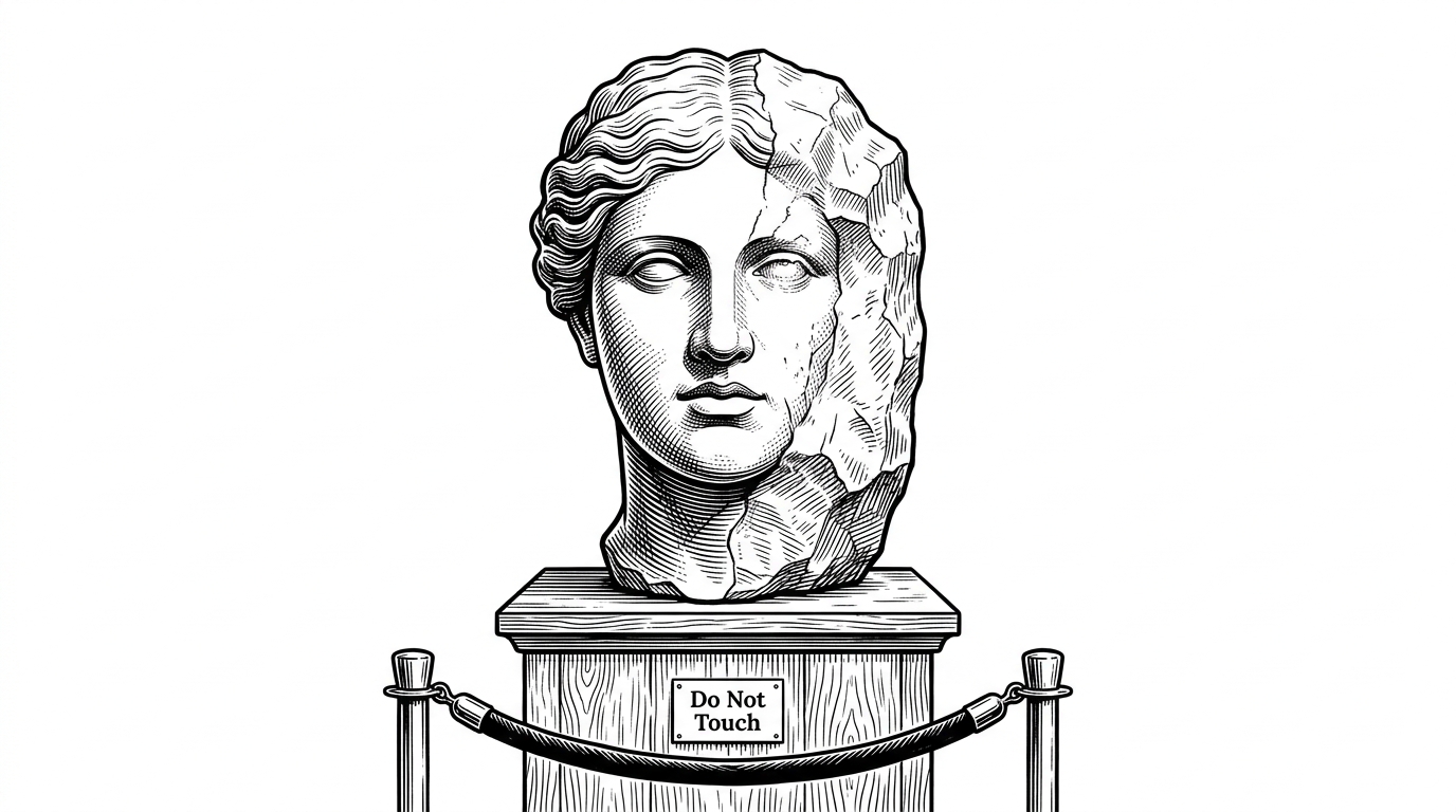 A beautifully crafted, classical marble bust that is intentionally left half-finished, resting behind a velvet museum rope with a 'Do Not Touch' placard. This illustrates the concept of a pristine, archived engineering failure.