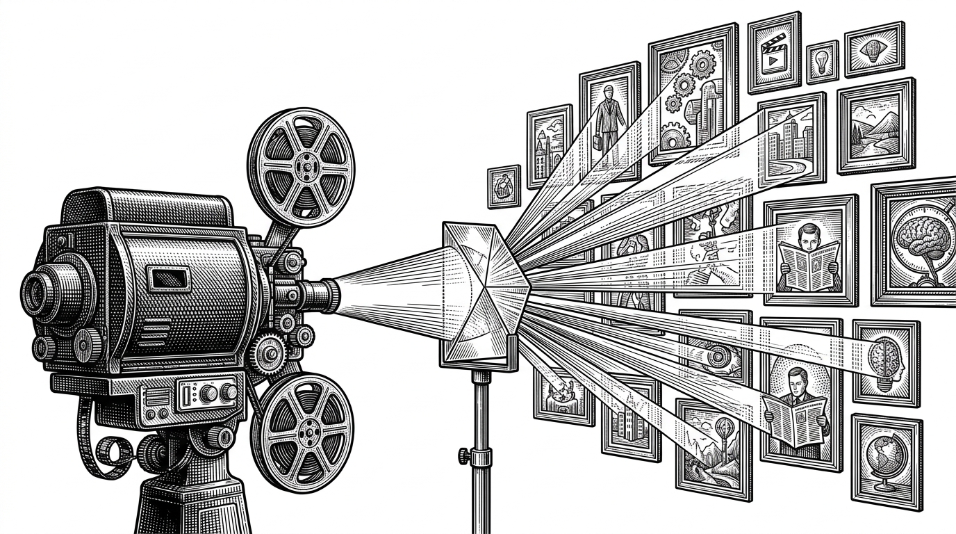 A massive industrial projector casts a dense beam of light into a glass prism, which splits the beam into dozens of individual picture frames on a gallery wall. This represents the single WebGL context multiplexing output to many 2D canvases.