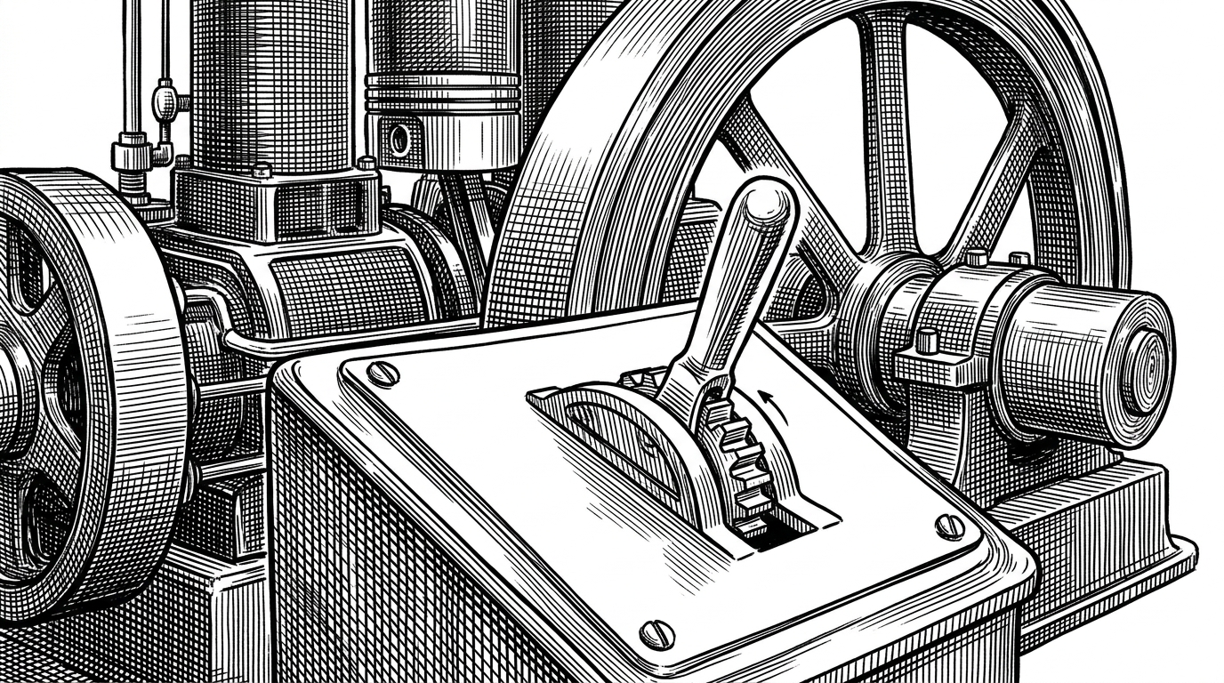 A close-up of a heavy brass mechanical switchboard. One metal lever is flipped upward, engaging a single gear tooth, while the massive engine behind it remains still.