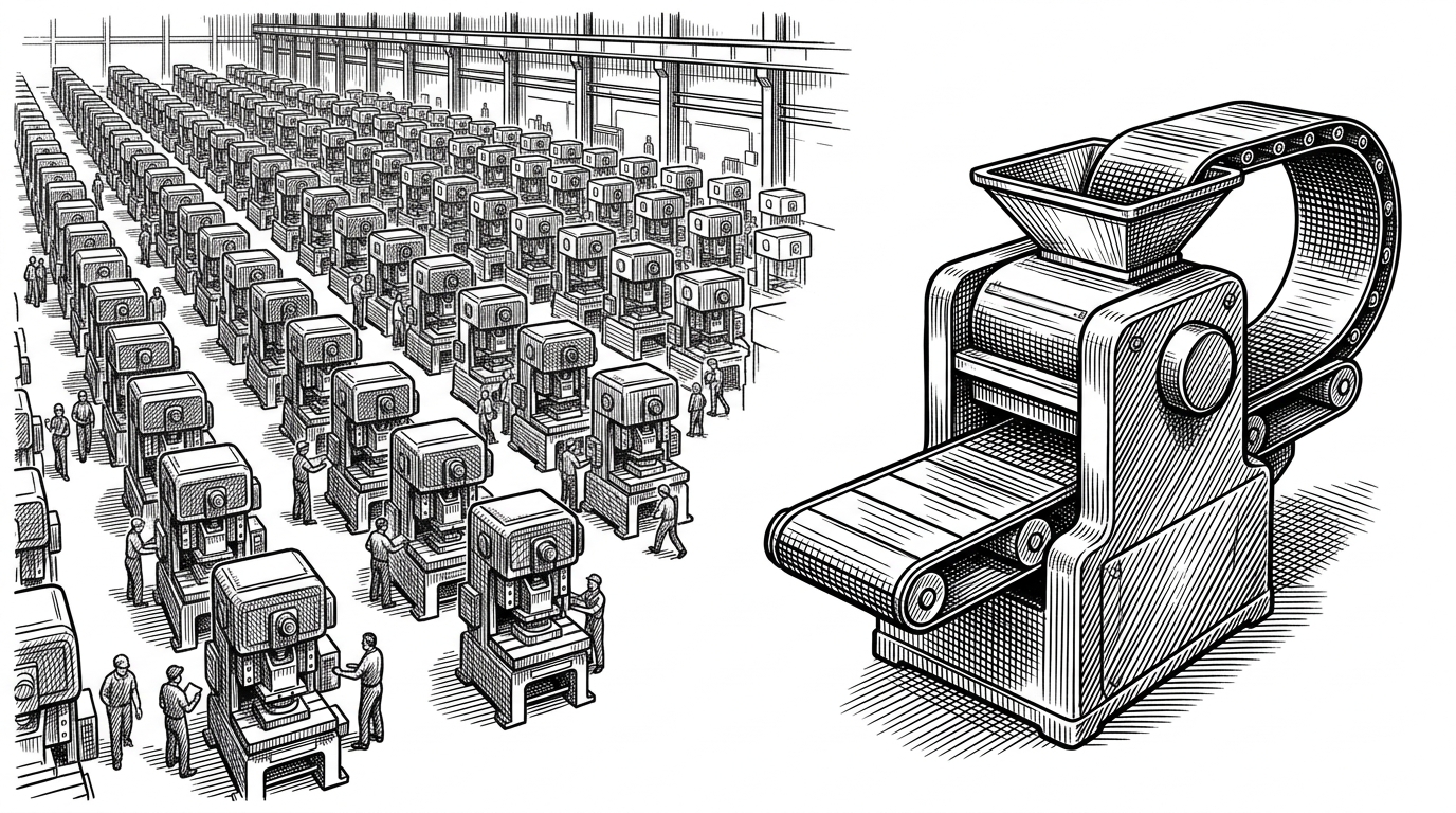 A massive factory floor with 64 identical stamping machines compared to a single polished machine with a looping conveyor belt.