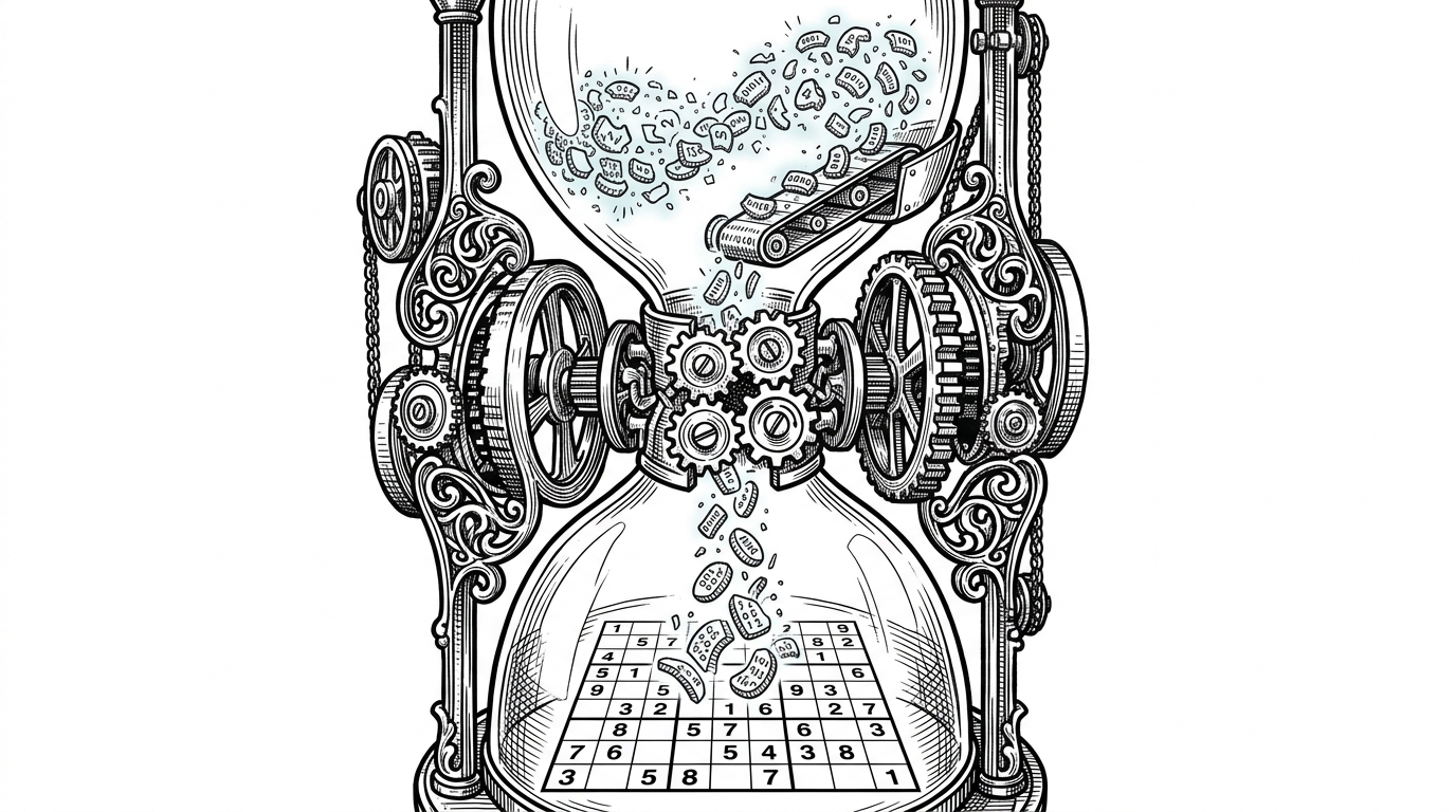 An intricate mechanical hourglass where data tokens fall through a compact four-gear mechanism and assemble into a completed Sudoku grid.