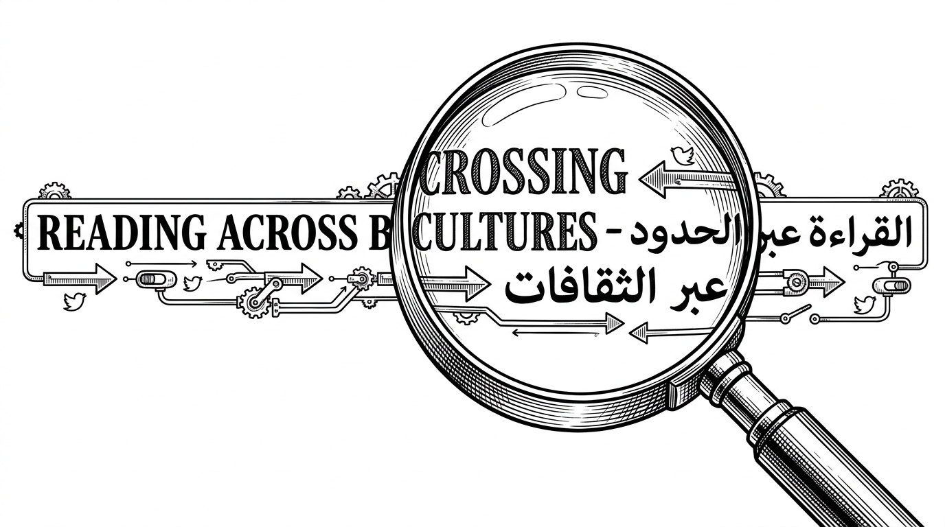 A magnifying glass held over a single line of mixed-language text. Beneath the characters, tiny mechanical arrows and switches dictate the reading direction, resembling traces on a circuit board.