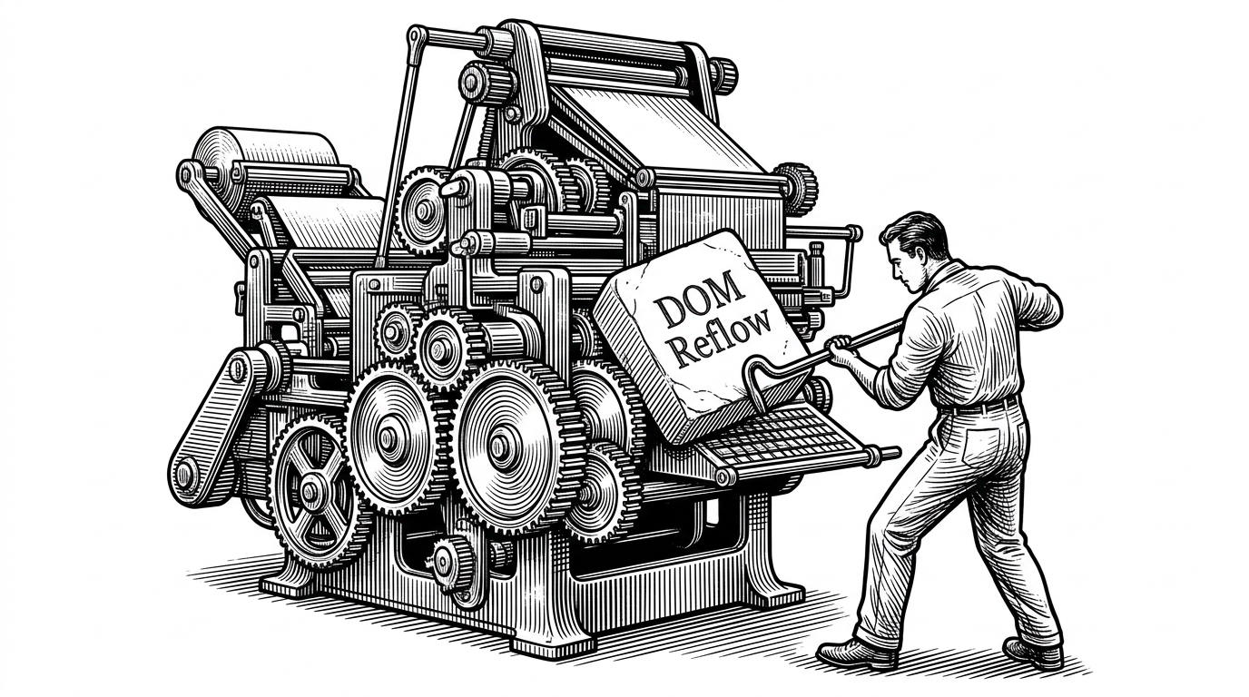 A massive mechanical printing press jammed by a heavy stone tablet labeled DOM Reflow, illustrating the blocking nature of native DOM text measurement.
