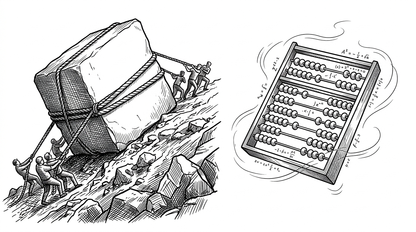 A split composition: on the left, a giant monolithic stone block being dragged up a hill by ropes. On the right, a nimble skeleton-like abacus floating effortlessly in the air.