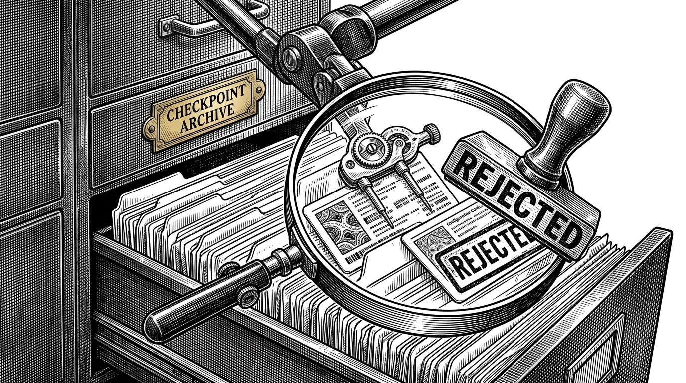 A close-up of a file drawer holding checkpoints, with a strict gauge comparing two config cards and a red stamp blocking the wrong one. The image turns resumption into a validation problem, which is the repo's main technical point.