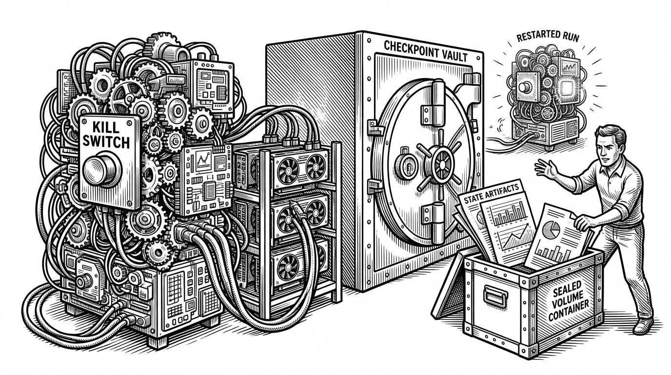 A cloud GPU workshop where a training loop runs beside a locked checkpoint vault and a visible kill switch. The scene explains the article's core idea: long-running ML jobs are designed to resume after interruption instead of depending on one uninterrupted process.