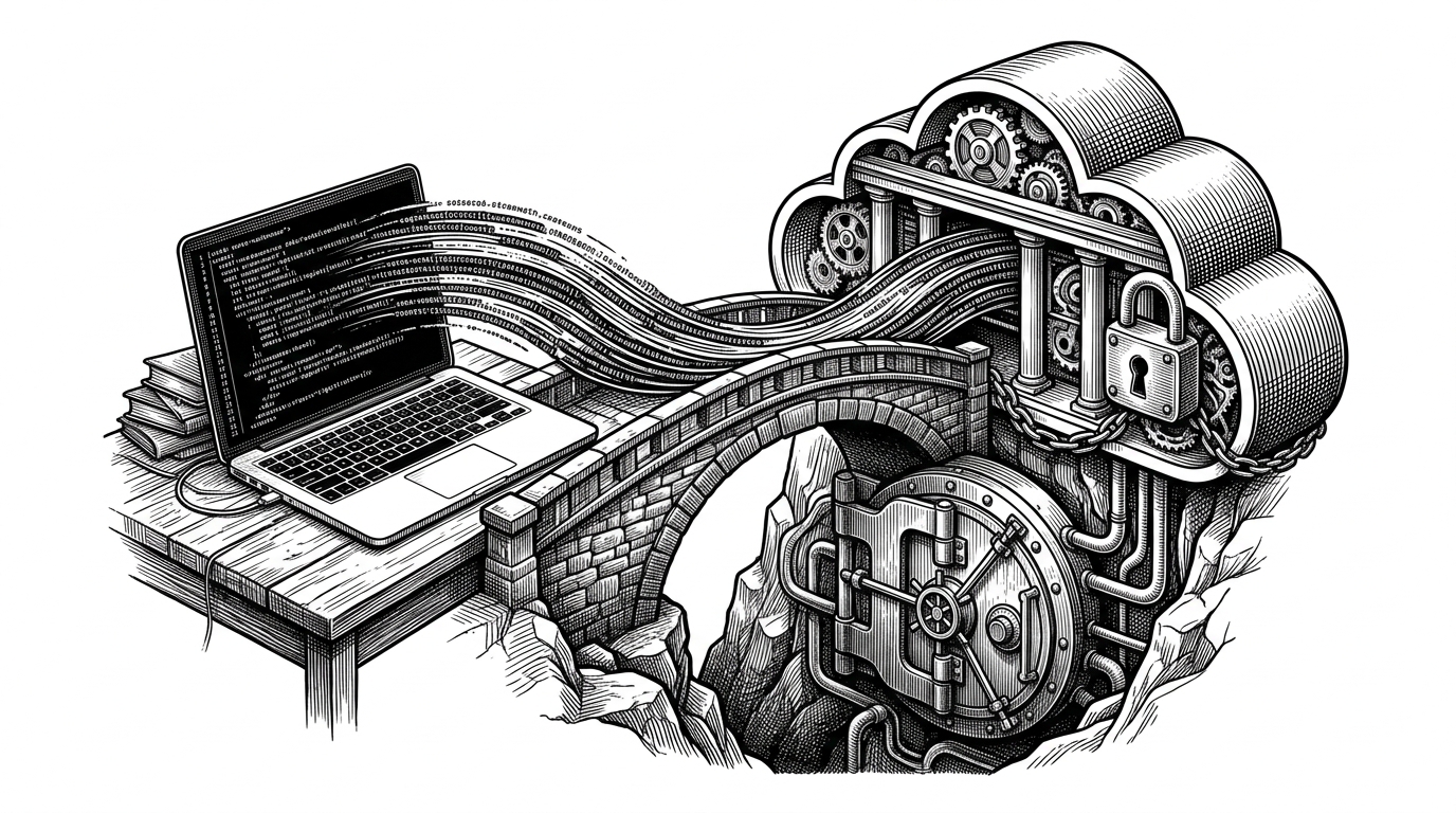 A laptop feeds code across a narrow bridge into a sealed cloud container while the state storage sits below it in a locked vault. The image makes the boundary obvious: code can move with the job, but durable state has to live somewhere else.