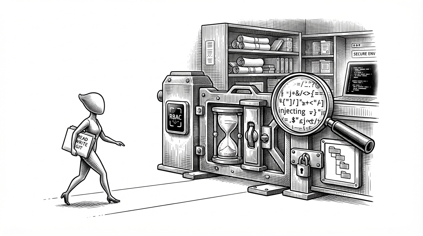 An agent carrying a folder of read, write, and Git actions approaches a fortified checkpoint made of stacked filters. The gate inspects identity, speed, injection risk, and file path trust before anything reaches the workspace behind it. It explains that the repo treats execution as a controlled process, not a direct handoff from model to tools.