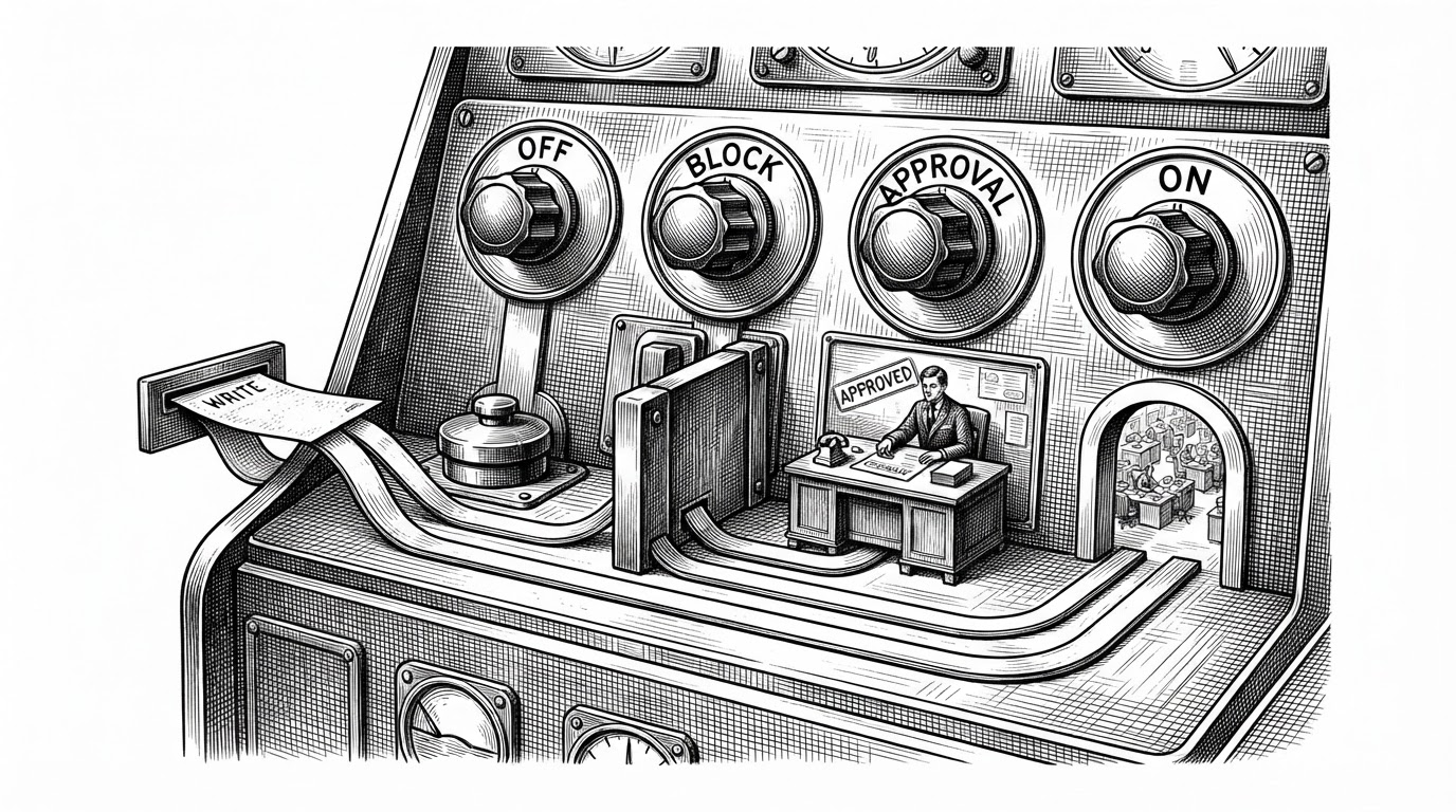 A close-up control cockpit with four knobs labeled off, block, approval, and on. The same file write request passes through different lanes depending on the knob position, moving from red stop, to yellow pause, to green pass. It explains that the system’s autonomy is configurable rather than all-or-nothing.