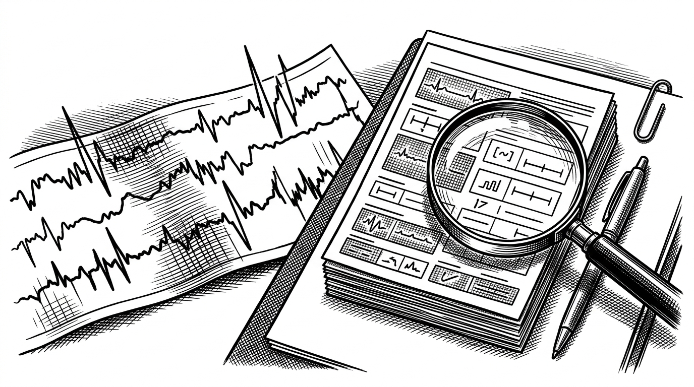 A close-up medical desk shows a messy ECG trace beside a stack of clean feature cards. A magnifying glass sits over the cards, not the waveform, emphasizing that the notebook cares about extracted measurements rather than raw signal shape.
