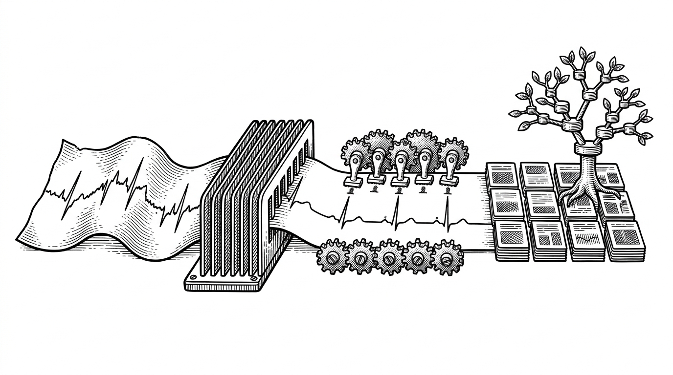 A noisy ECG strip enters from the left, passes through filtering stages, then resolves into compact medical feature tiles before ending in a small boosted tree. It shows the notebook’s core idea: raw signal is transformed into structured inputs before classification.