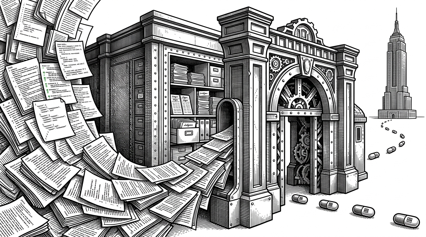 A wide editorial scene showing a proxy gate between an agent and an LLM. Dense context is transformed into compact markers, while the original payload is stored in a side vault. The image explains that Headroom treats context like managed state, not disposable text.