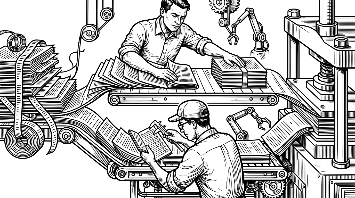 A close-up mechanical scene showing the same input buffer scanned by two parallel workers. One lane reforms data into a denser shape, while the other estimates whether heavier transforms are worth their cost before advancing. The image explains Headroom’s cost-aware orchestration.