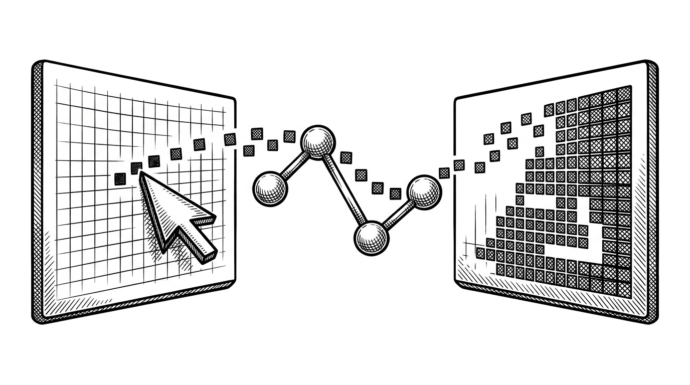 A mouse pointer drops discrete black squares onto a canvas on the left, and the same squares reappear on a remote screen on the right after moving through a chain of peer nodes. The scene explains why the app uses points instead of paths, showing how simple payloads are easier to synchronize across browsers.
