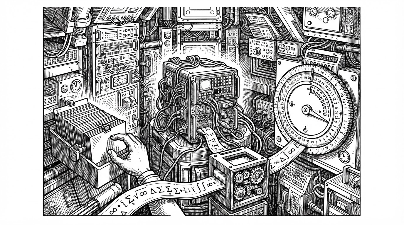 A wide editorial illustration of a cramped spacecraft computer chamber rendered in black ink on white. A small central computer cabinet is surrounded by three distinct forces: stacked task cards being sorted, a narrow ribbon of symbolic math instructions flowing through a boxed translator, and a timing wheel clicking through scheduled events. It explains that the Apollo Guidance Computer was not just a calculator, but a runtime system built to survive severe timing and memory limits.