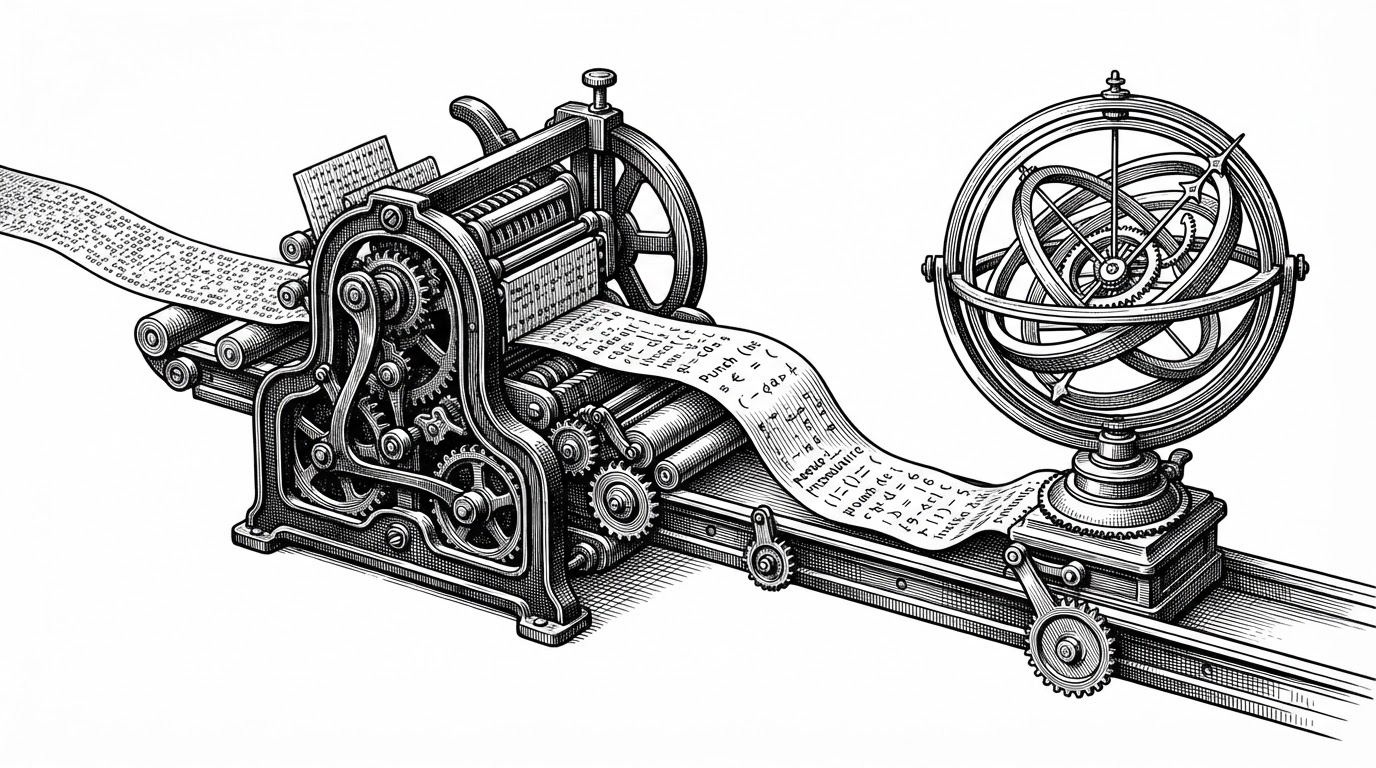 A close-up editorial illustration of an assembly line where a strip of raw machine instructions enters a translator gate and emerges as more expressive pseudo-instructions before becoming a precise orbital calculation. The scene explains how the AGC Interpreter let engineers write compact, higher-level math on top of a limited instruction set.