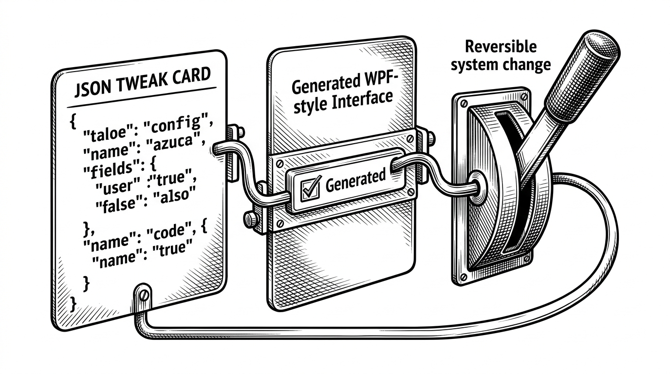 A close-up of a single JSON tweak card being threaded through a generated checkbox row and into a reversible system change, with a second path looping back for undo. It explains how one definition powers the interface, execution, and rollback.