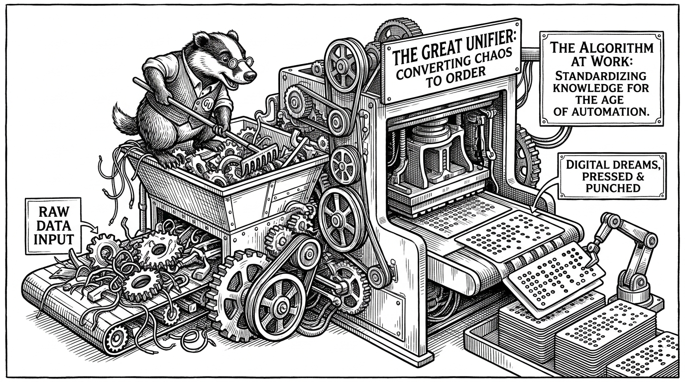 A massive 19th-century printing press converting jagged code gears into rigid metal punch-cards, illustrating the conversion of raw code into machine-readable instructions.