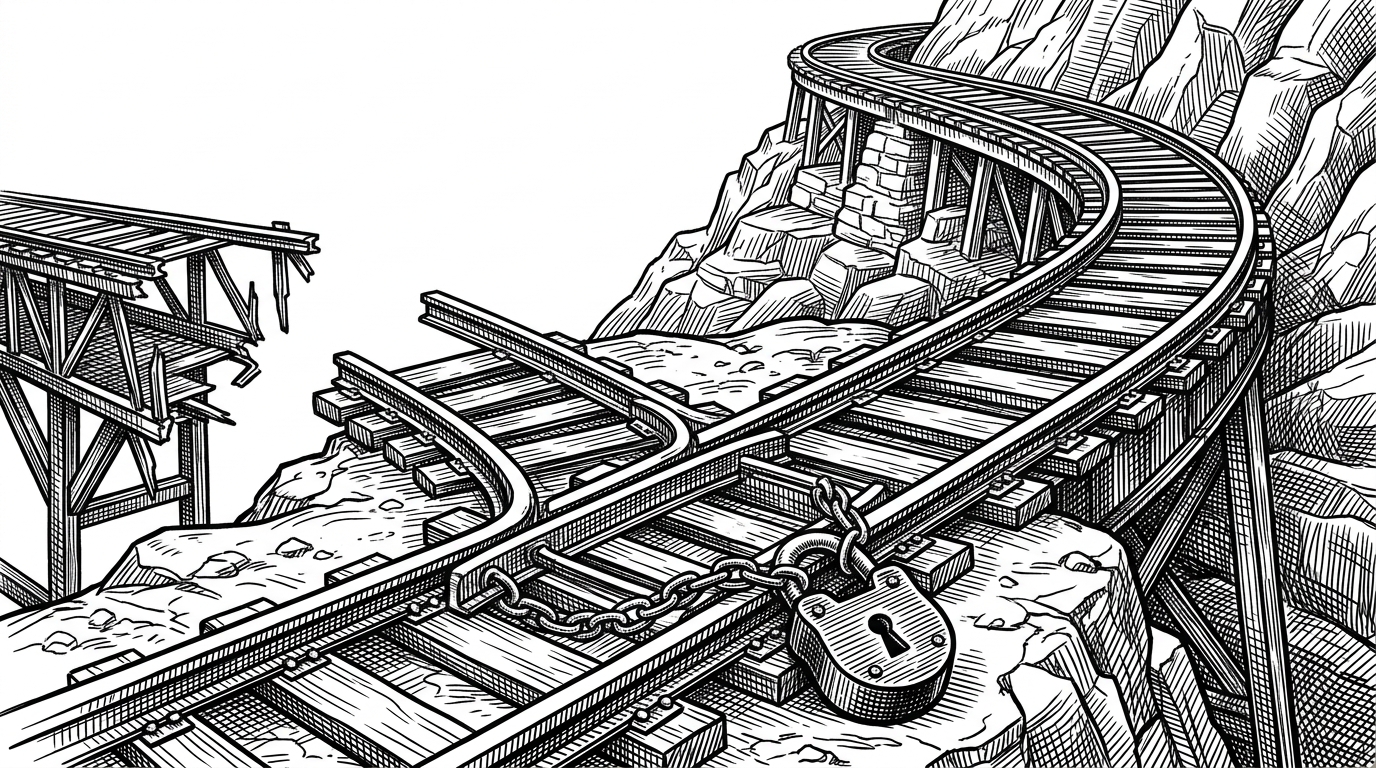 A close-up of a train track switch mechanism heavily padlocked, forcing a train off a broken path onto a reinforced steel track.
