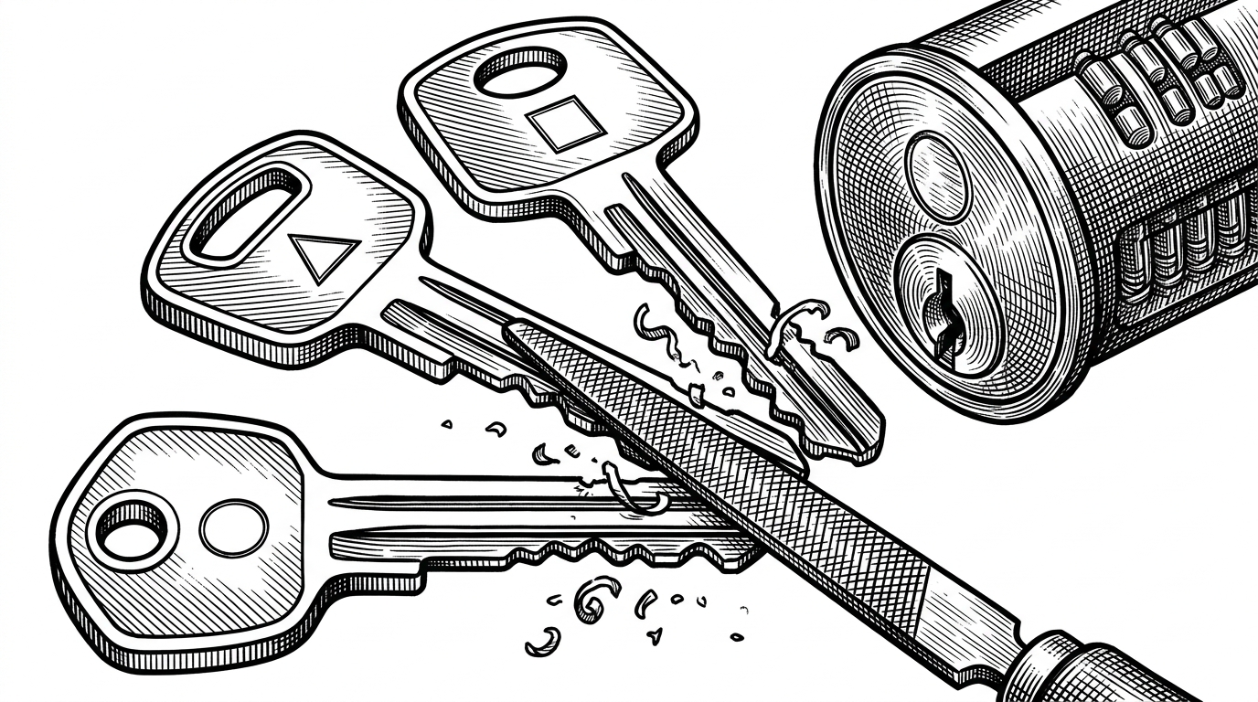 A close-up of three different mechanical keys being filed down to fit into the exact same brass master cylinder lock, representing the convergence of AI APIs.