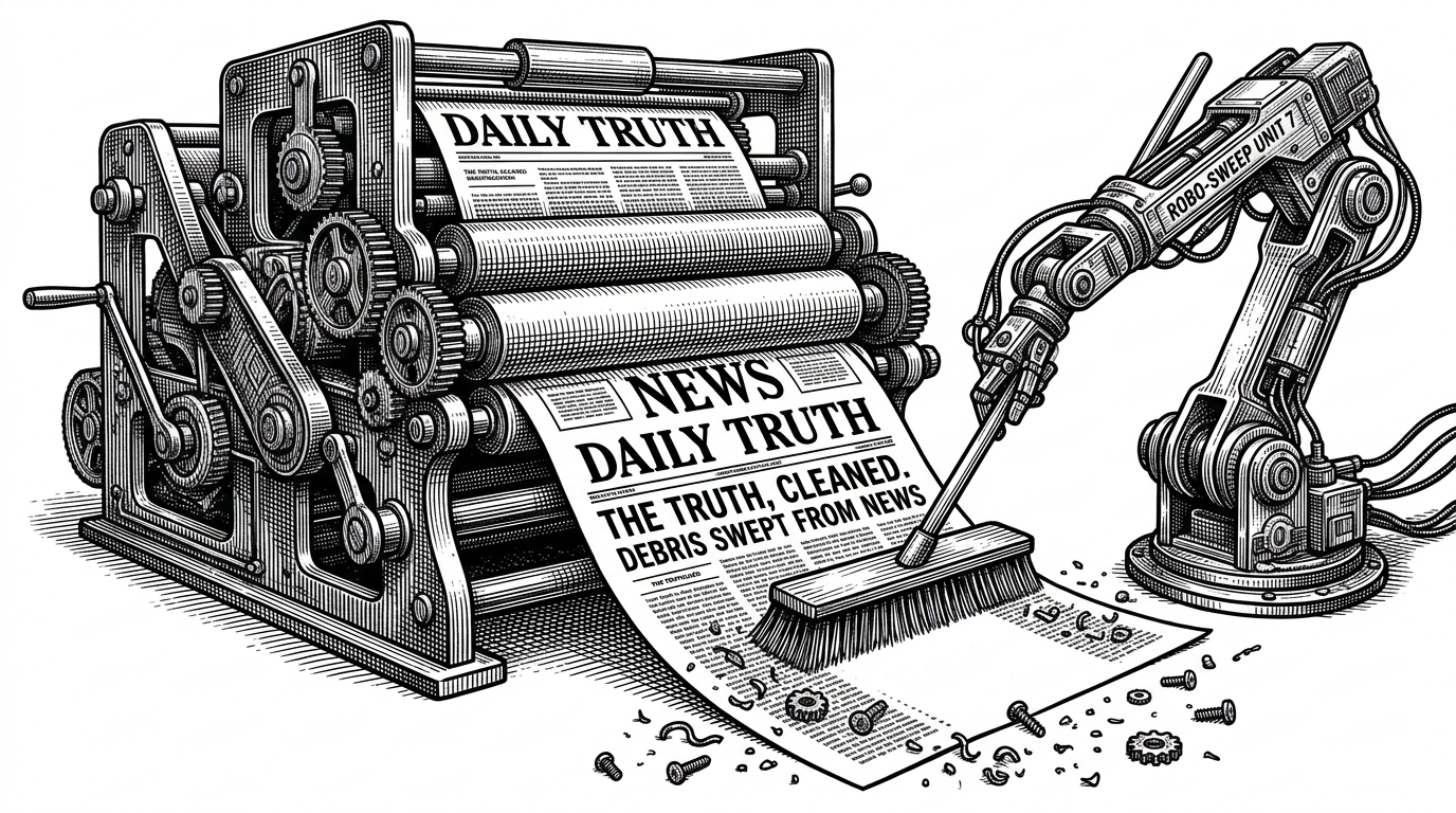 A heavy industrial printing press spitting out a sheet of paper, while a robotic arm uses a push-broom to sweep scattered metal shavings off the page.