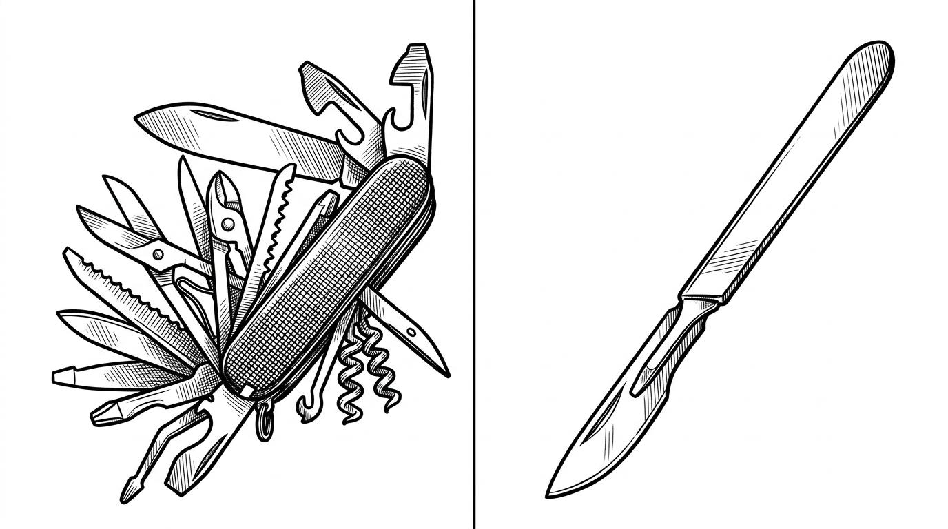 A visual comparison showing a bulky Swiss Army knife on the left and a single, perfectly honed surgical scalpel on the right. This illustrates the difference between general-purpose databases with vector extensions and dedicated, specialized vector engines.