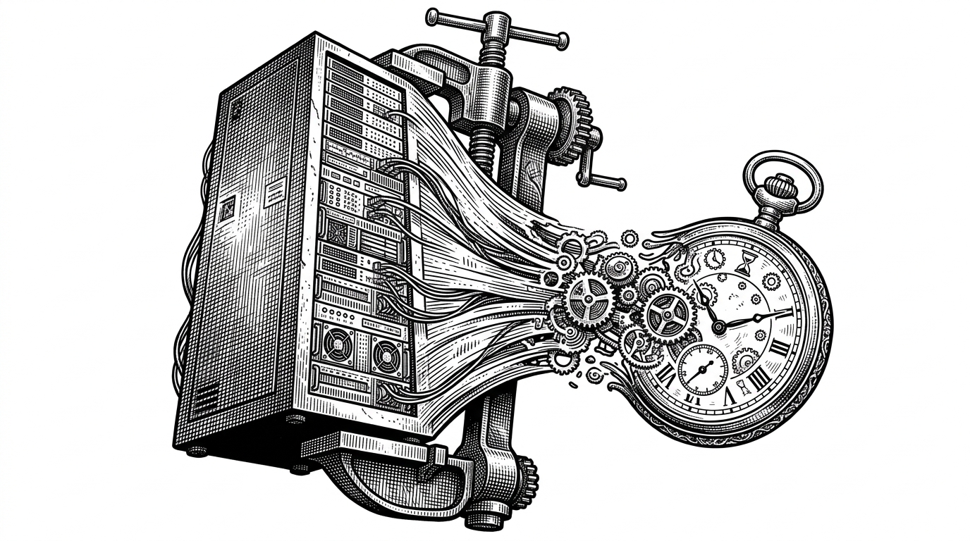 A massive server rack being compressed by a mechanical vice into a small pocket watch. This represents the architectural shift of moving large cloud-based vector databases into a compact, embedded mobile format.