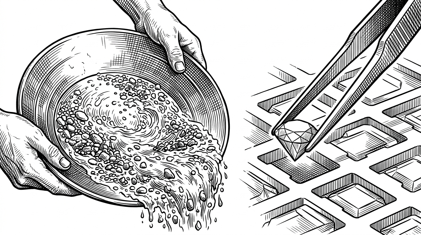 A split composition showing a prospector's pan swirling muddy water on the left, and precise mechanical tweezers extracting a single diamond from a grid on the right. This illustrates the difference between fuzzy semantic search and exact sparse keyword search.