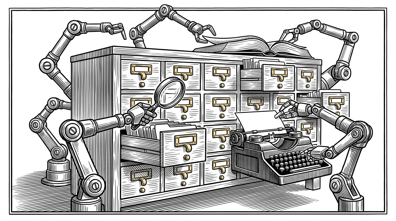 A vast library card catalog cabinet with robotic arms actively pulling out drawers, reading cards with magnifying glasses, and typing new index cards. This represents the InboxAgent extracting, synthesizing, and storing new rules in ChromaDB.