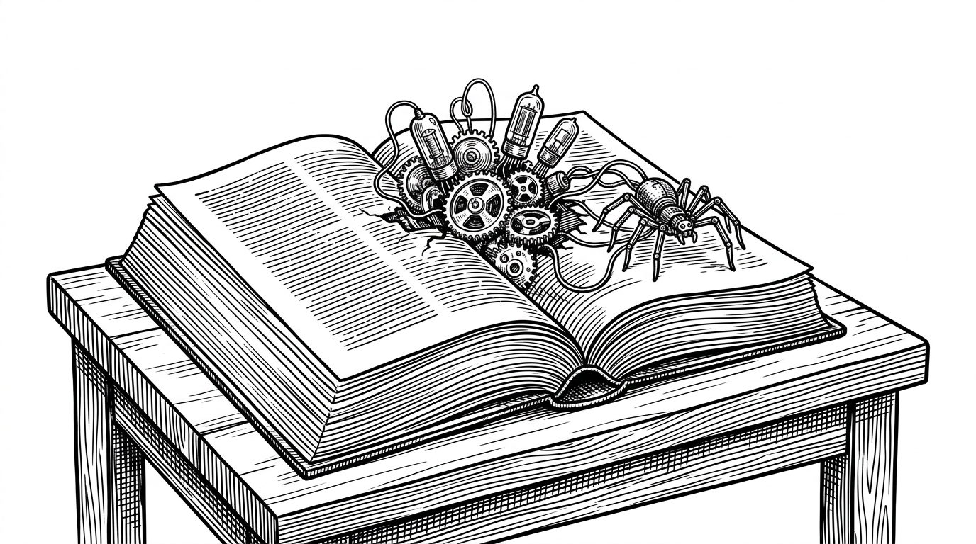 A thick leather-bound cookbook open on a workbench, with intricate clockwork gears and a mechanical spider emerging from its pages. This illustrates the complex, autonomous machinery hidden within a repository meant for tutorials.