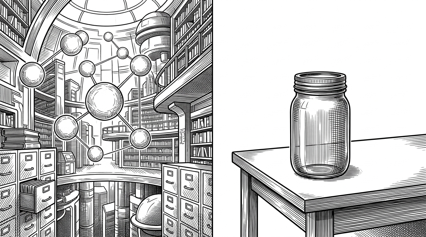 A sprawling futuristic library compared to a single glass mason jar on a bare desk.