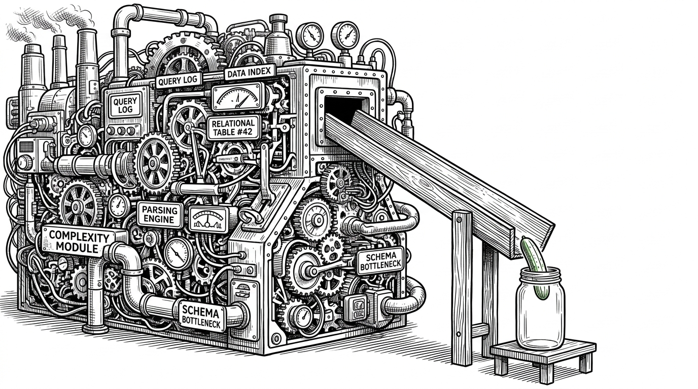 A complex steampunk machine contrasted with a simple wooden chute dropping a cucumber into a jar.