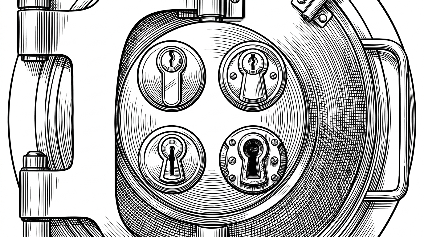 A close-up of a heavy, solid iron vault door. Arranged in a perfect circle in the center of the door are four distinct, highly detailed keyholes of varying mechanical designs. This represents the get_chroma_client factory pattern, which supports four distinct connection modes to unlock the same underlying database.