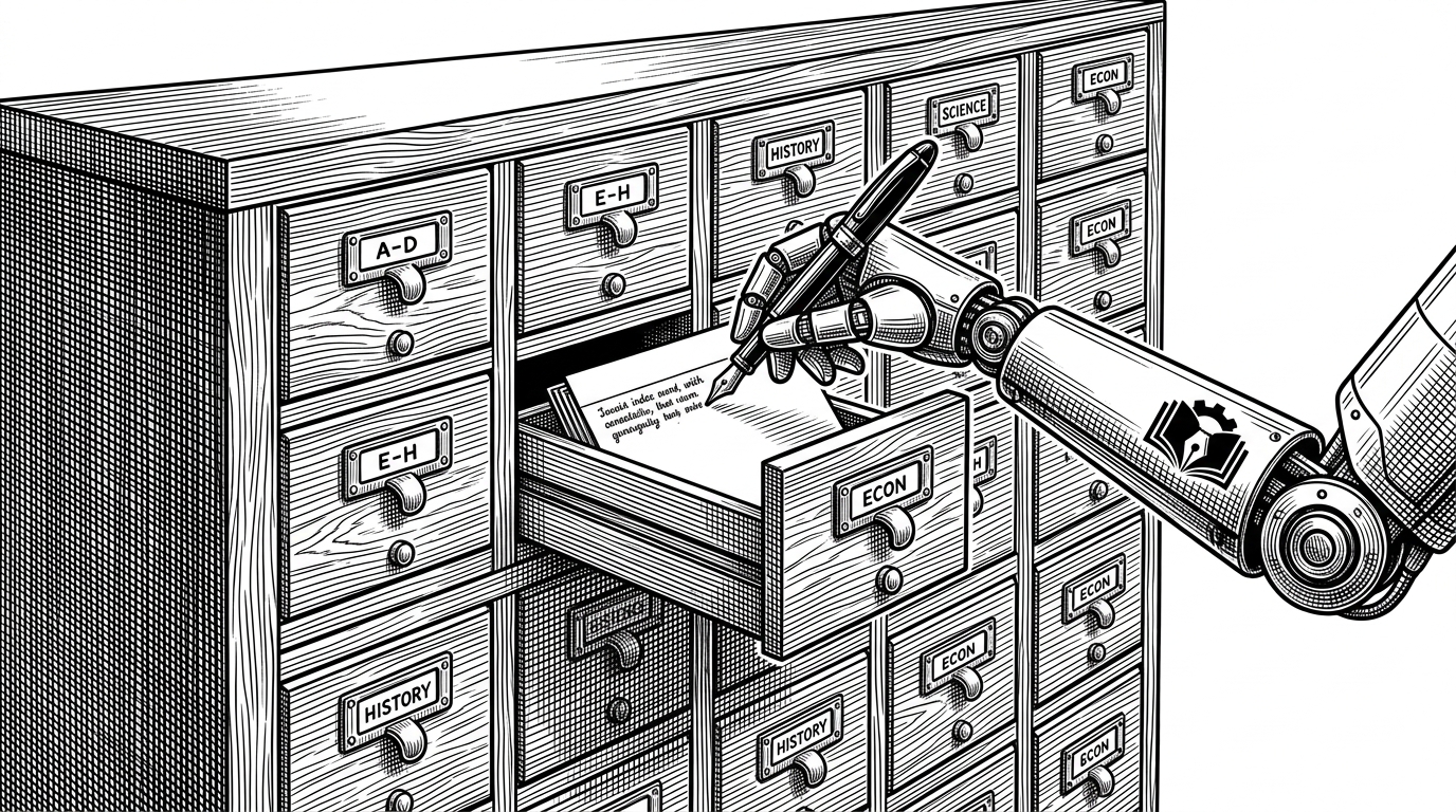 A sleek mechanical arm acting as a librarian, pulling out a drawer from a classic wooden card catalog cabinet and writing a new index card with a fountain pen. This represents the AI agent actively managing and writing to the database index, rather than just reading it.