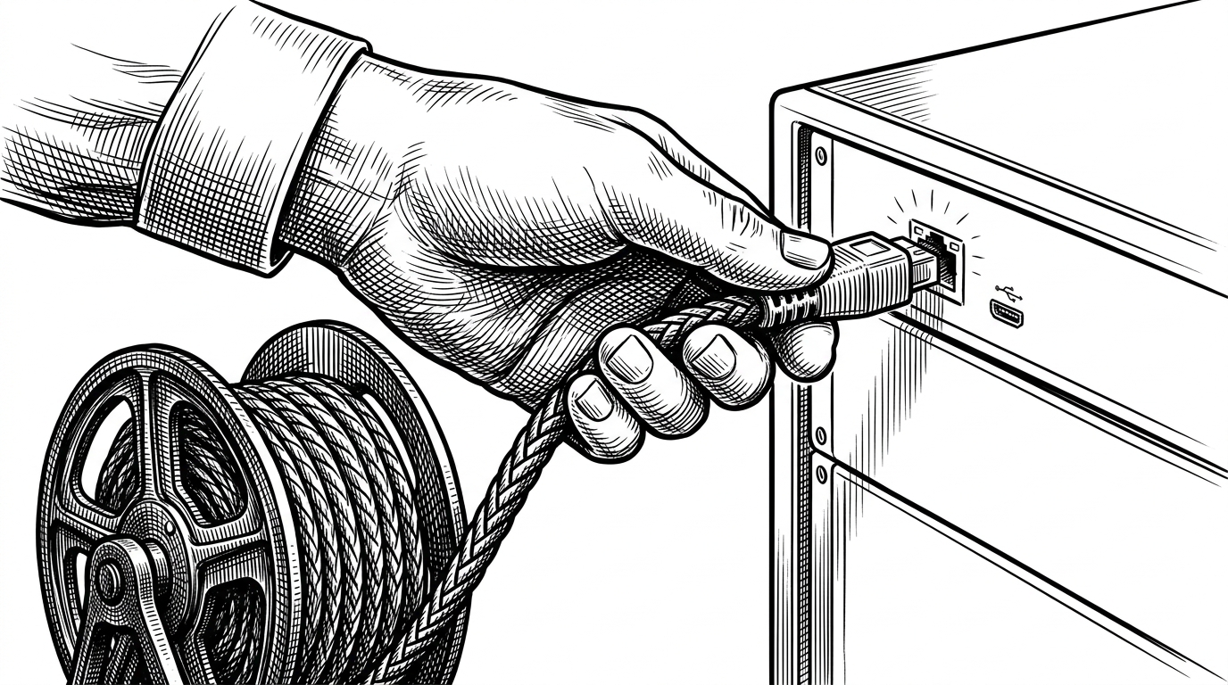 A vintage switchboard operator's hands plugging a thick braided cable into a modern glowing server rack port. This illustrates connecting heavy legacy data formats to a modern local API.