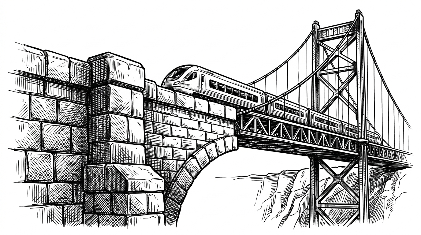 A massive stone bridge being rebuilt mid-air while a sleek train crosses it, transitioning from heavy blocks to a modern steel framework. This represents changing a database architecture without stopping the user experience.