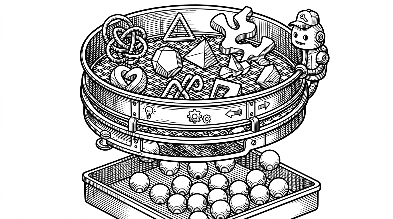 A mechanical sieve filtering complex geometric shapes, allowing only uniform spheres to pass through. This represents the strict metadata validation process.