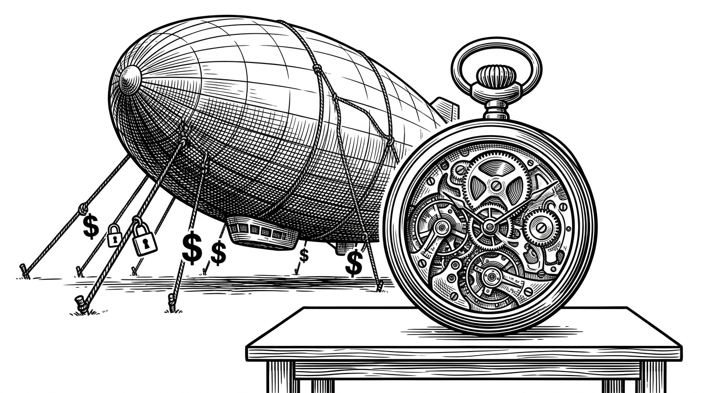 A massive tethered zeppelin contrasting with a self-contained mechanical pocket watch. This represents the shift from heavy cloud infrastructure to lightweight local execution.