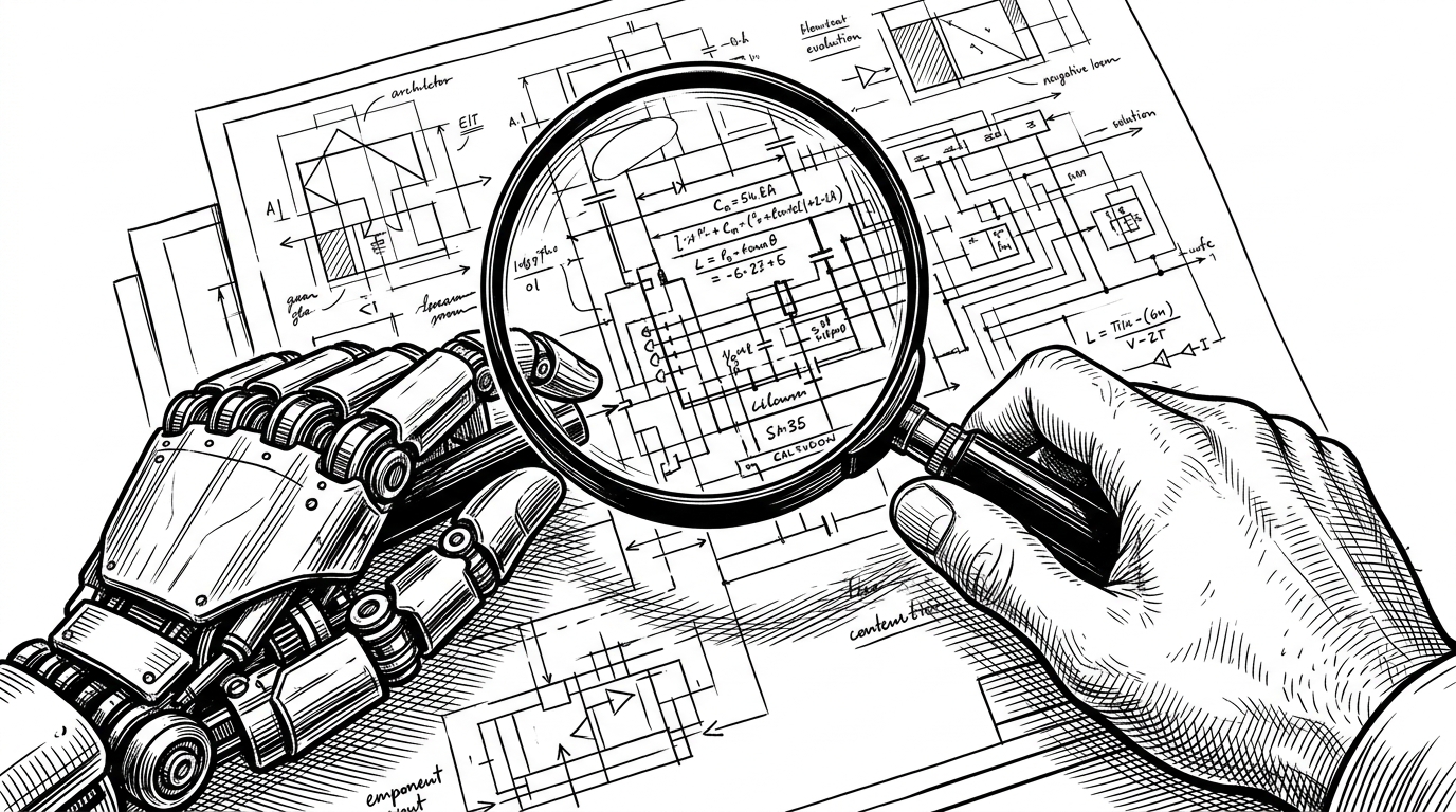 A human hand and a mechanical robot hand holding a single magnifying glass over a technical blueprint, representing documentation built for both humans and AI agents.