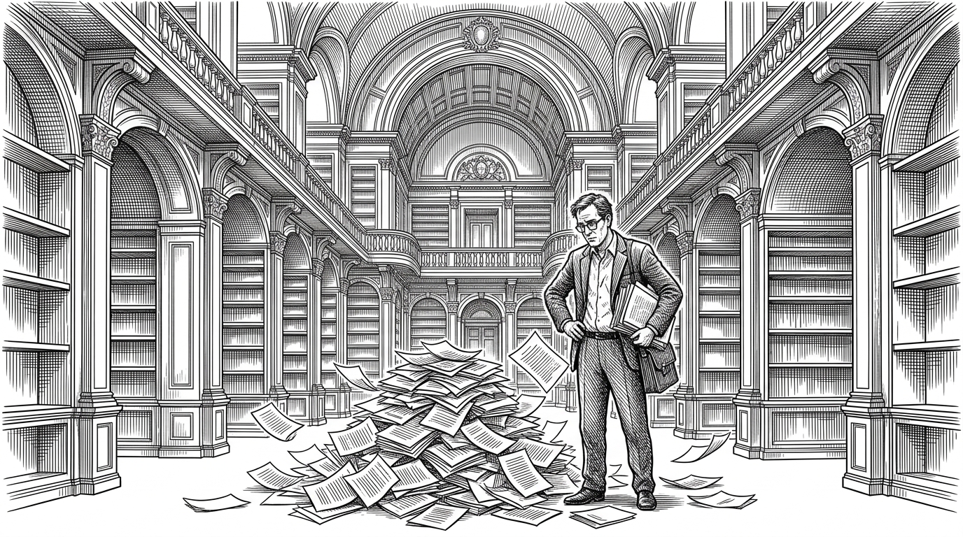 An ornate library with empty shelves and a researcher facing a chaotic pile of loose paper. Represents the vector database cold start problem.