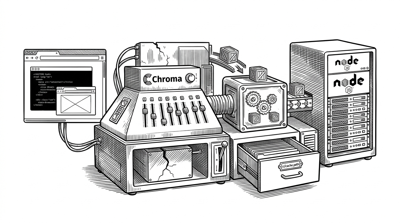 A wide editorial scene shows a Chroma-branded embedding engine between a browser window and a Node.js server rack. Small model crates feed into the machine, while a cache drawer and a fallback lever route work from a broken accelerator rail to a steady WASM geartrain. The scene explains that the repo turns embeddings into a default infrastructure layer rather than a separate integration.