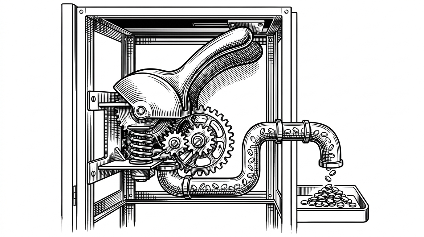 A close-up mechanical relay inside a runtime cabinet shows a polished WebGPU or CUDA lever stalling, then a spring-loaded switch snapping to WASM while the token stream continues moving through the pipe. The image explains that the library defends developer experience by falling back without changing the API surface.