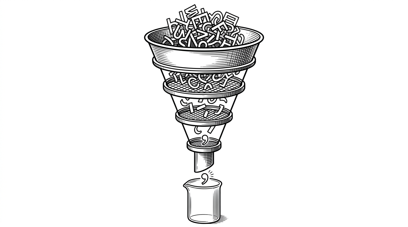 A funnel with multiple sieve layers labeled Whitespace, Unicode, and Link-Strip, distilling a messy block of text into a single pure, glowing quote at the bottom.