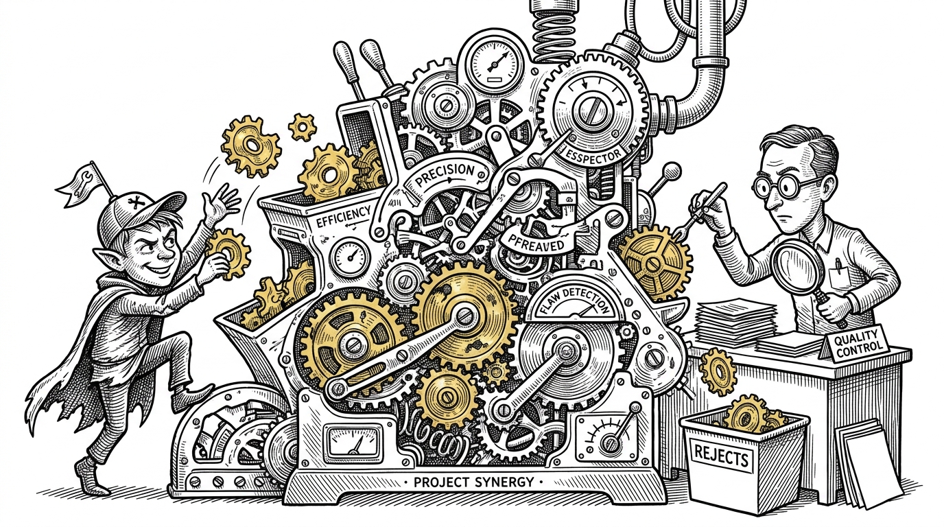 A massive clockwork sorting machine where an impish figure throws fake golden gears into the works while an inspector with a magnifying glass pulls them out.