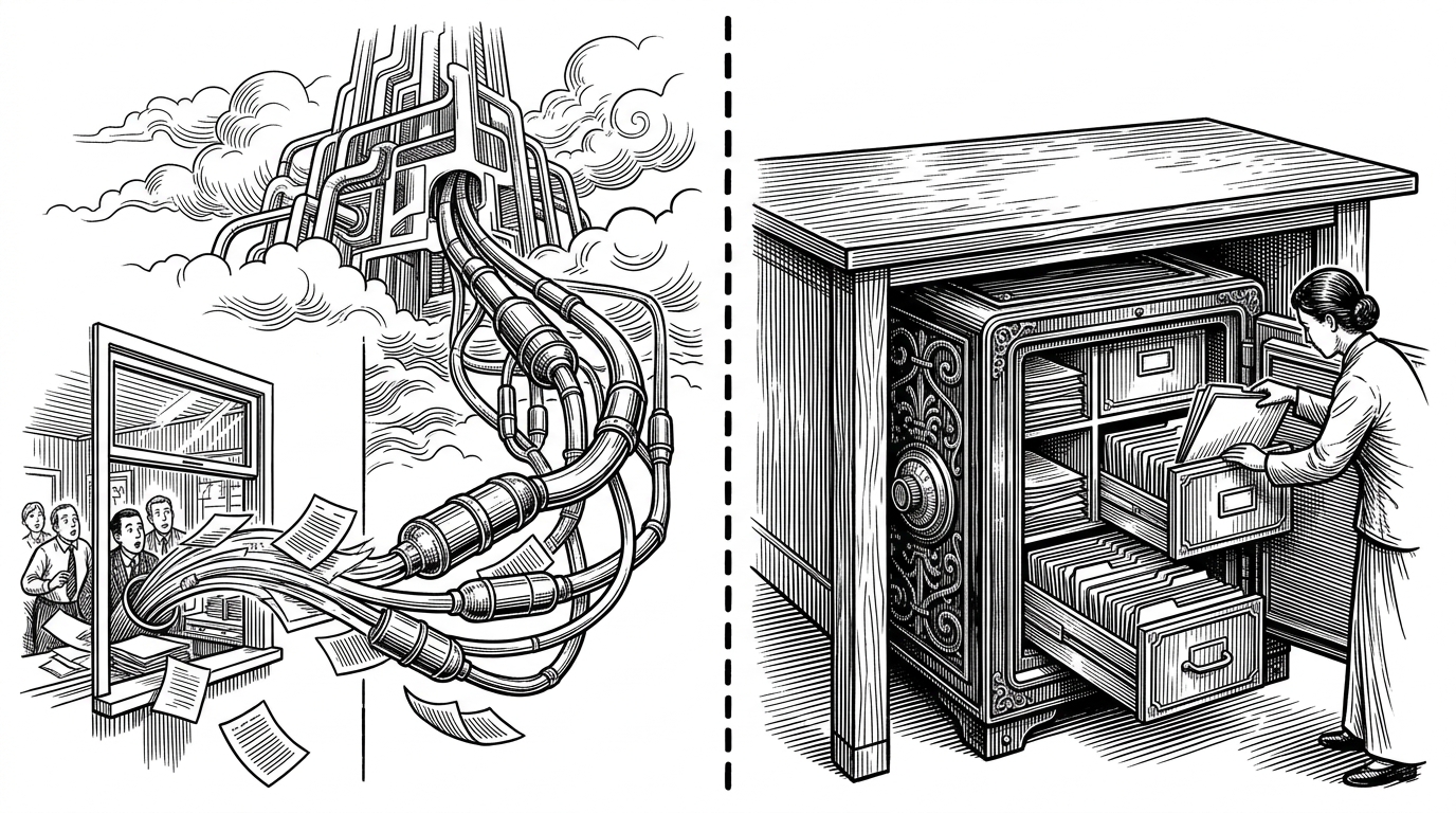 A split composition showing documents being sucked into a cloud via pneumatic tubes on the left, and documents being securely filed into a heavy cast-iron bank vault under a desk on the right.