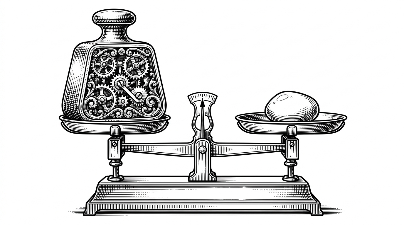 A vintage assayer's scale perfectly balanced with a complex mechanical gear on one side and a smooth polished stone on the other.